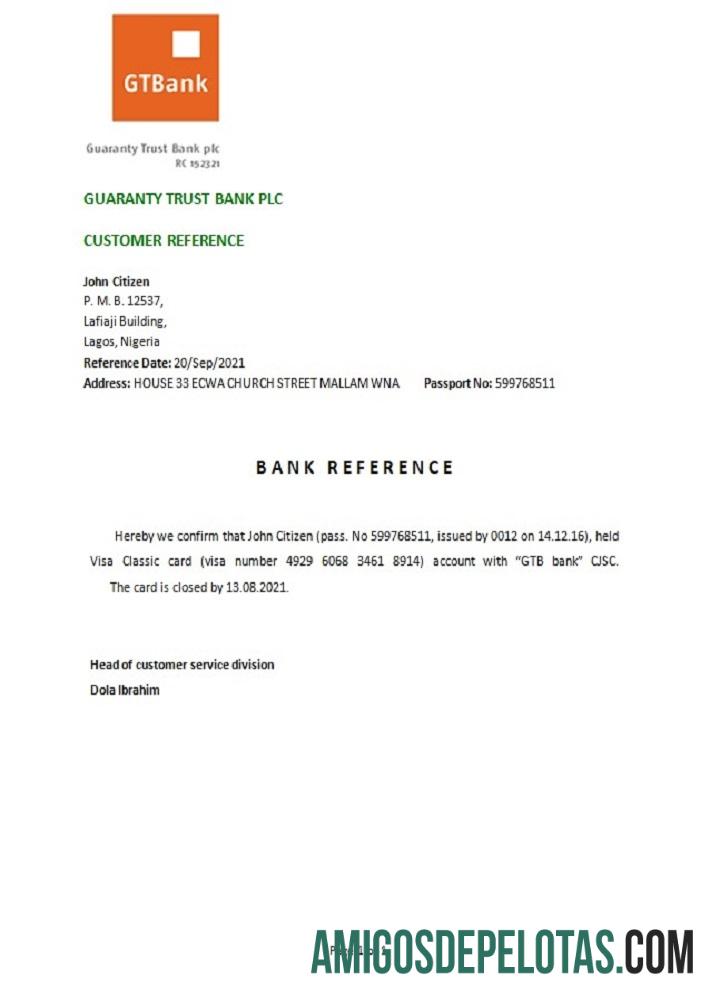 Referência de fechamento do GTBank da Nigéria amostra